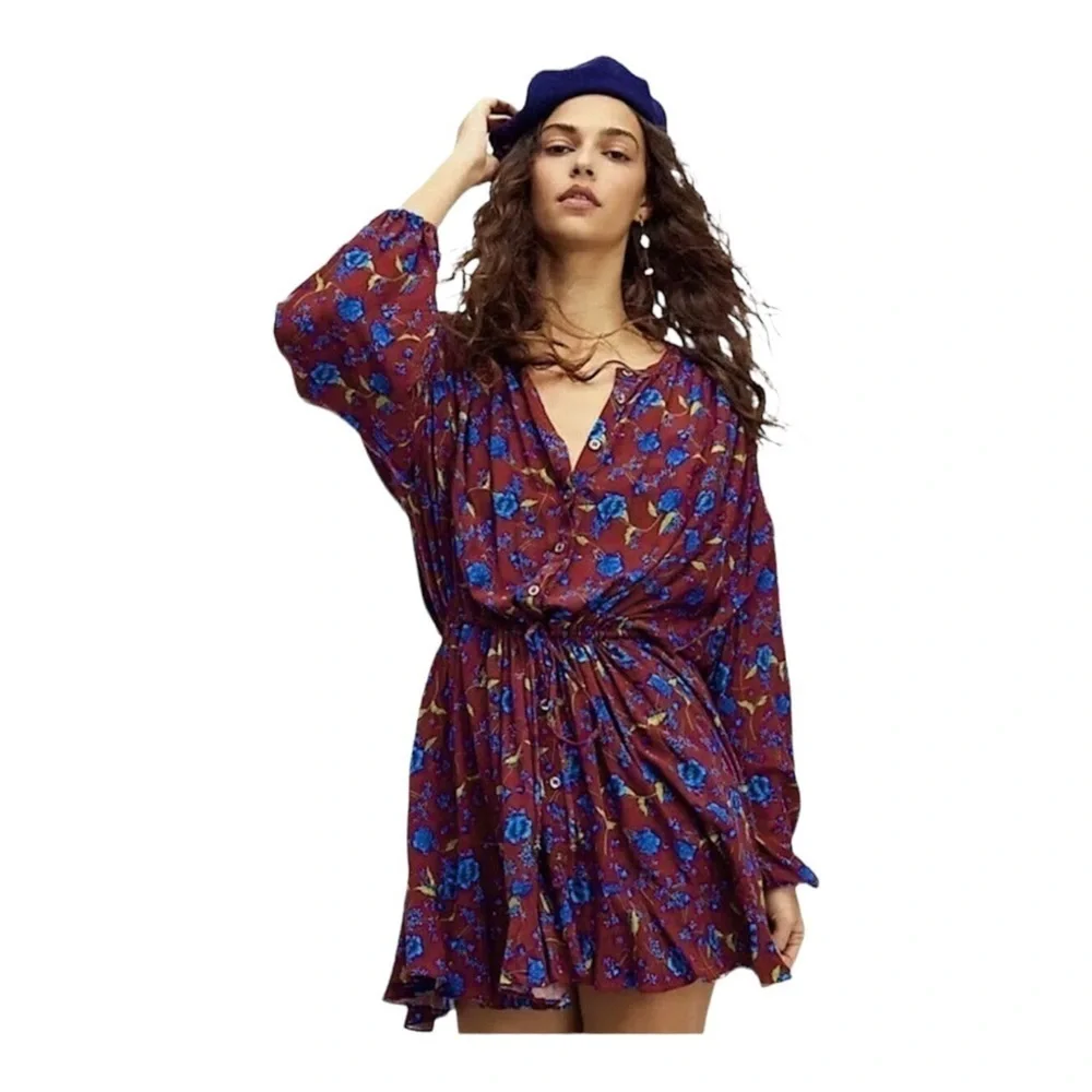 Free People Burgundy Blue Floral Long Sleeve Tie Waist Mini Dress Small